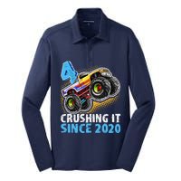 Monster Truck 4 Year Old Boy 4th Birthday Party Born 2020 Silk Touch Performance Long Sleeve Polo