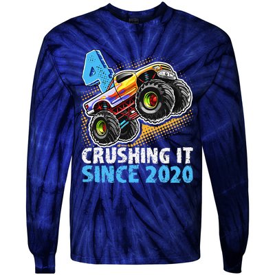 Monster Truck 4 Year Old Boy 4th Birthday Party Born 2020 Tie-Dye Long Sleeve Shirt