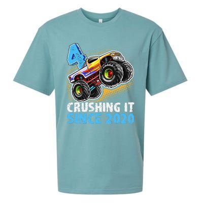 Monster Truck 4 Year Old Boy 4th Birthday Party Born 2020 Sueded Cloud Jersey T-Shirt