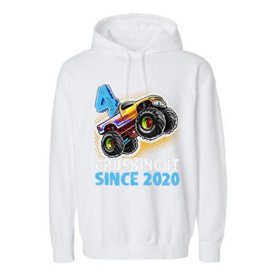 Monster Truck 4 Year Old Boy 4th Birthday Party Born 2020 Garment-Dyed Fleece Hoodie