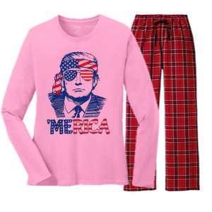 Merica Trump 4th Of July Fun American Flag Design Women's Long Sleeve Flannel Pajama Set 