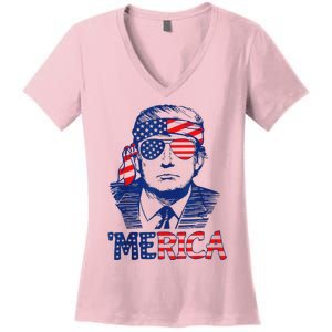 Merica Trump 4th Of July Fun American Flag Design Women's V-Neck T-Shirt