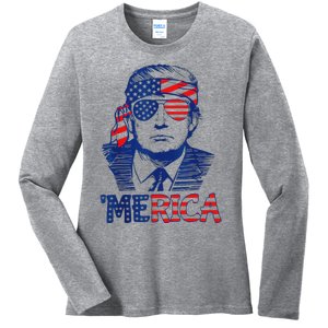 Merica Trump 4th Of July Fun American Flag Design Ladies Long Sleeve Shirt