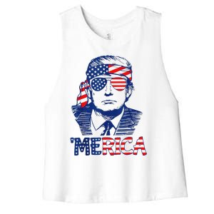 Merica Trump 4th Of July Fun American Flag Design Women's Racerback Cropped Tank