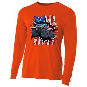 Monster Truck 4th Of July American Flag Usa Cooling Performance Long Sleeve Crew