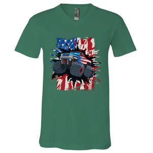 Monster Truck 4th Of July American Flag Usa V-Neck T-Shirt