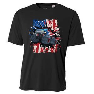 Monster Truck 4th Of July American Flag USA Cooling Performance Crew T-Shirt