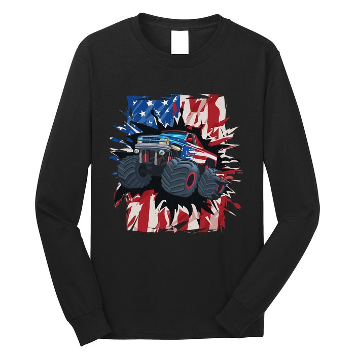 Monster Truck 4th Of July American Flag USA Long Sleeve Shirt