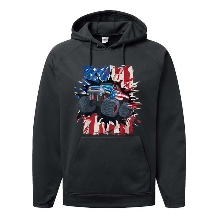 Monster Truck 4th Of JulyBoy American Flag Men USA Performance Fleece Hoodie