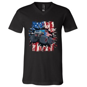 Monster Truck 4th Of JulyBoy American Flag Men USA V-Neck T-Shirt