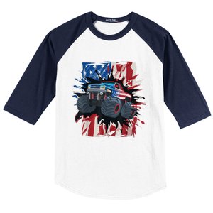 Monster Truck 4th Of JulyBoy American Flag Men USA Baseball Sleeve Shirt