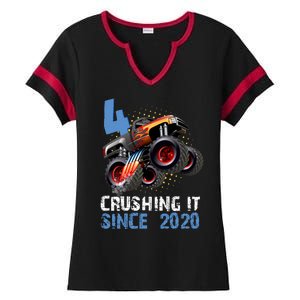 Monster Truck 4 Year Old Crushing It Since 2020 Birthday Ladies Halftime Notch Neck Tee