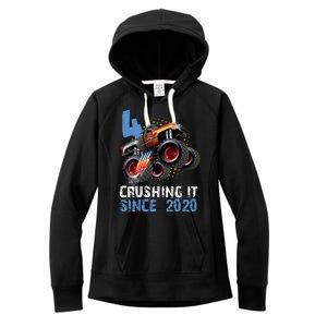 Monster Truck 4 Year Old Crushing It Since 2020 Birthday Women's Fleece Hoodie