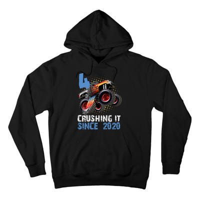 Monster Truck 4 Year Old Crushing It Since 2020 Birthday Tall Hoodie