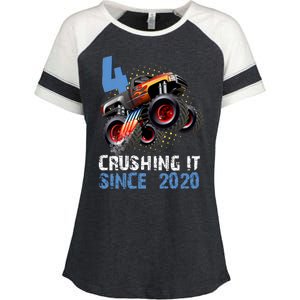 Monster Truck 4 Year Old Crushing It Since 2020 Birthday Enza Ladies Jersey Colorblock Tee