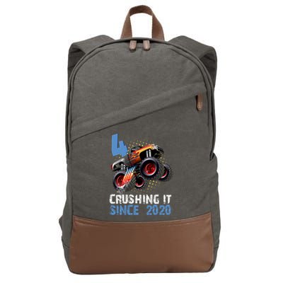 Monster Truck 4 Year Old Crushing It Since 2020 Birthday Cotton Canvas Backpack
