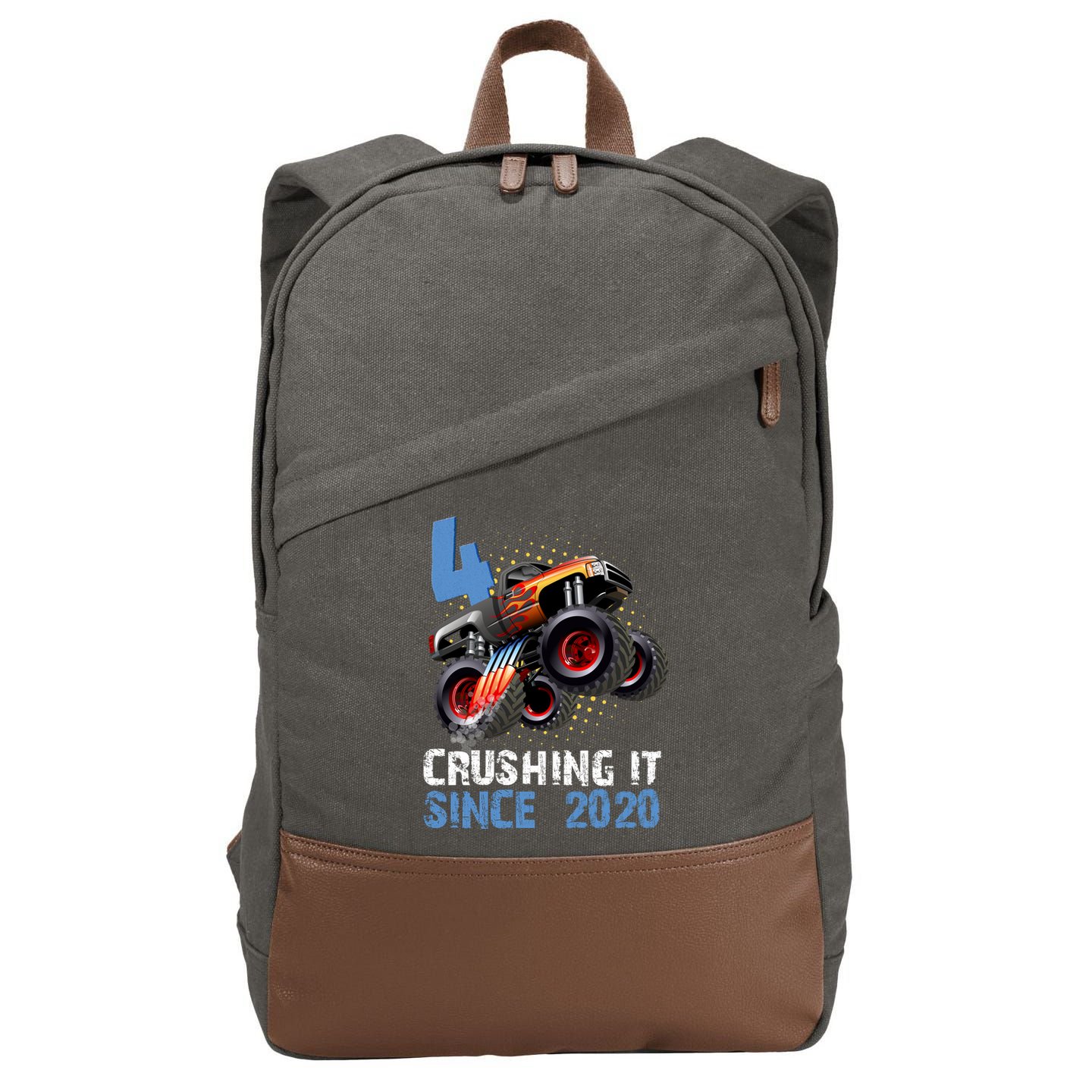 Monster Truck 4 Year Old Crushing It Since 2020 Birthday Cotton Canvas Backpack