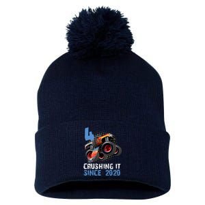 Monster Truck 4 Year Old Crushing It Since 2020 Birthday Pom Pom 12in Knit Beanie