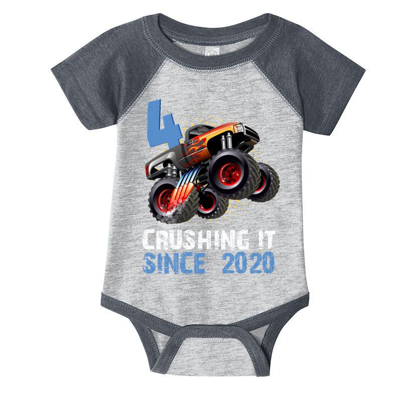 Monster Truck 4 Year Old Crushing It Since 2020 Birthday Infant Baby Jersey Bodysuit