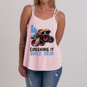 Monster Truck 4 Year Old Crushing It Since 2020 Birthday Women's Strappy Tank