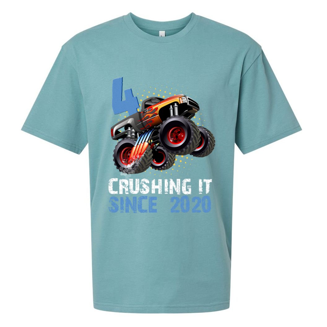 Monster Truck 4 Year Old Crushing It Since 2020 Birthday Sueded Cloud Jersey T-Shirt