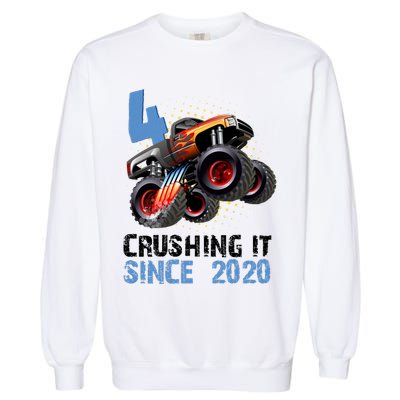 Monster Truck 4 Year Old Crushing It Since 2020 Birthday Garment-Dyed Sweatshirt