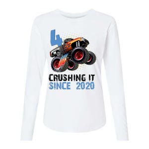 Monster Truck 4 Year Old Crushing It Since 2020 Birthday Womens Cotton Relaxed Long Sleeve T-Shirt