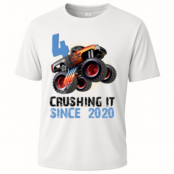 Monster Truck 4 Year Old Crushing It Since 2020 Birthday Cooling Performance Crew T-Shirt