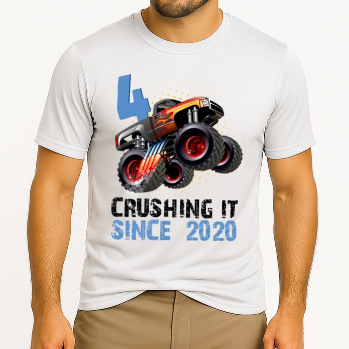Monster Truck 4 Year Old Crushing It Since 2020 Birthday Cooling Performance Crew T-Shirt