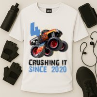 Monster Truck 4 Year Old Crushing It Since 2020 Birthday Cooling Performance Crew T-Shirt