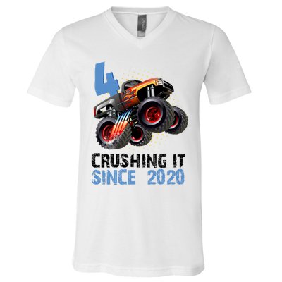 Monster Truck 4 Year Old Crushing It Since 2020 Birthday V-Neck T-Shirt