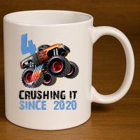 Monster Truck 4 Year Old Crushing It Since 2020 Birthday 11oz C Handle Ceramic Mug