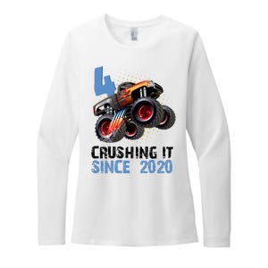 Monster Truck 4 Year Old Crushing It Since 2020 Birthday Womens CVC Long Sleeve Shirt