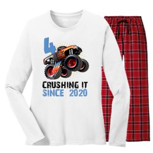 Monster Truck 4 Year Old Crushing It Since 2020 Birthday Women's Long Sleeve Flannel Pajama Set 