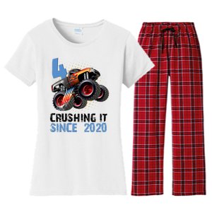 Monster Truck 4 Year Old Crushing It Since 2020 Birthday Women's Flannel Pajama Set