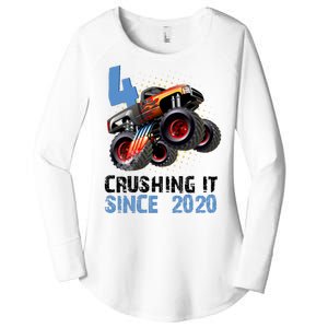 Monster Truck 4 Year Old Crushing It Since 2020 Birthday Women's Perfect Tri Tunic Long Sleeve Shirt