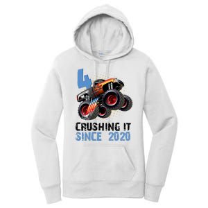 Monster Truck 4 Year Old Crushing It Since 2020 Birthday Women's Pullover Hoodie