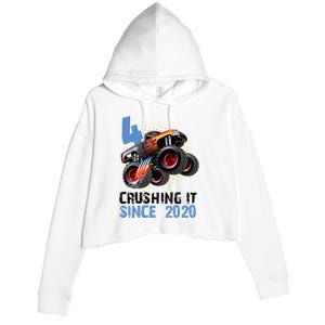 Monster Truck 4 Year Old Crushing It Since 2020 Birthday Crop Fleece Hoodie