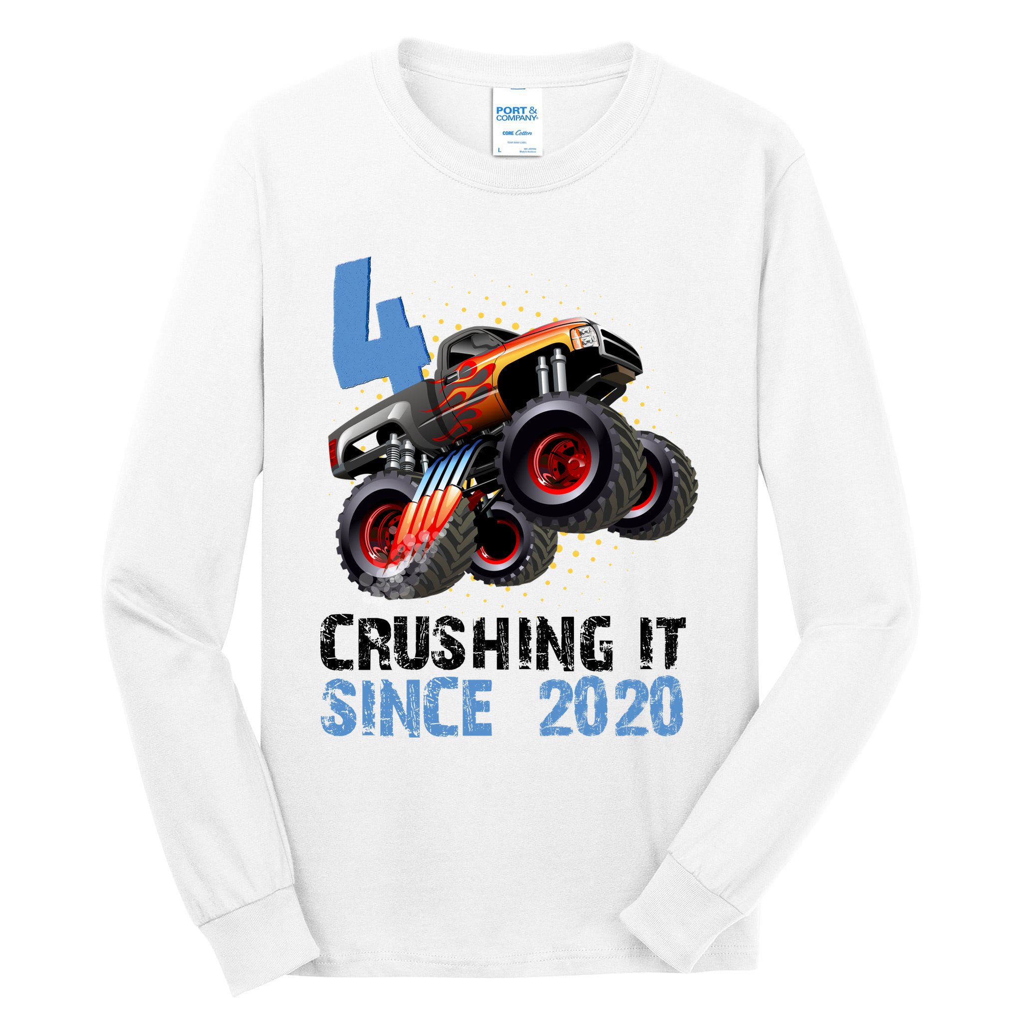Monster Truck 4 Year Old Crushing It Since 2020 Birthday Tall Long Sleeve T-Shirt