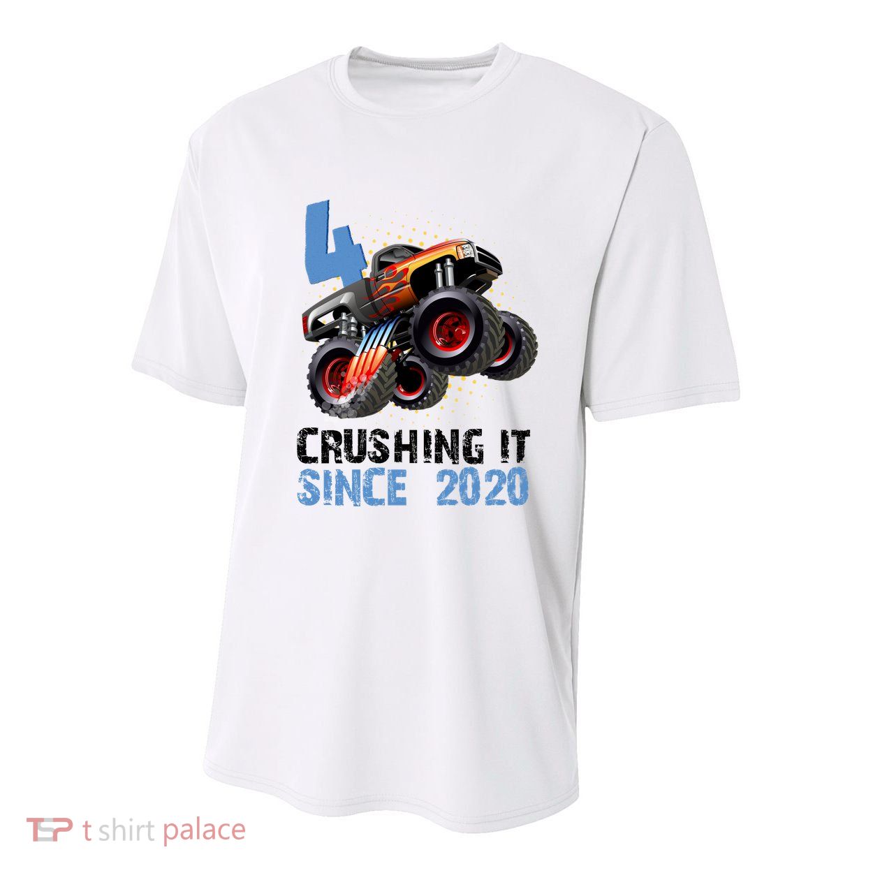 Monster Truck 4 Year Old Crushing It Since 2020 Birthday Youth Performance Sprint T-Shirt