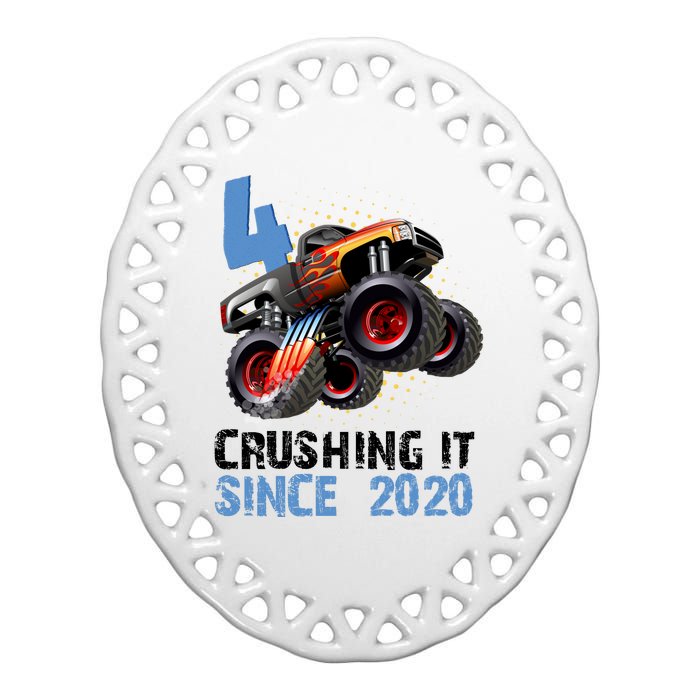 Monster Truck 4 Year Old Crushing It Since 2020 Birthday Ceramic Oval Ornament