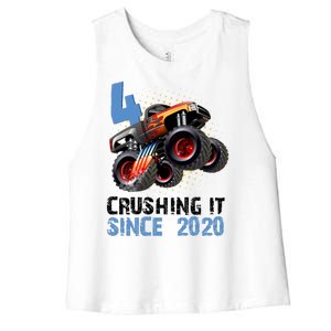 Monster Truck 4 Year Old Crushing It Since 2020 Birthday Women's Racerback Cropped Tank