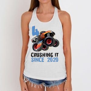 Monster Truck 4 Year Old Crushing It Since 2020 Birthday Women's Knotted Racerback Tank