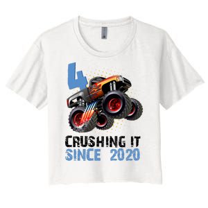 Monster Truck 4 Year Old Crushing It Since 2020 Birthday Women's Crop Top Tee