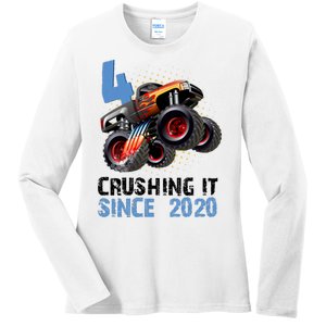 Monster Truck 4 Year Old Crushing It Since 2020 Birthday Ladies Long Sleeve Shirt