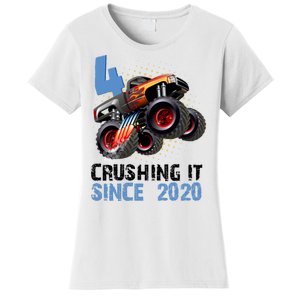 Monster Truck 4 Year Old Crushing It Since 2020 Birthday Women's T-Shirt