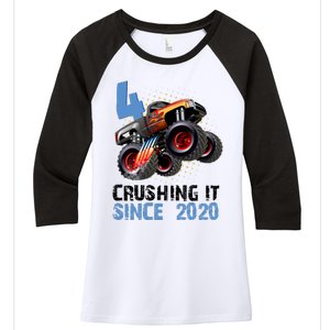 Monster Truck 4 Year Old Crushing It Since 2020 Birthday Women's Tri-Blend 3/4-Sleeve Raglan Shirt