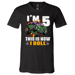 Monster Trucks 5th Birthday Party Five Years V-Neck T-Shirt