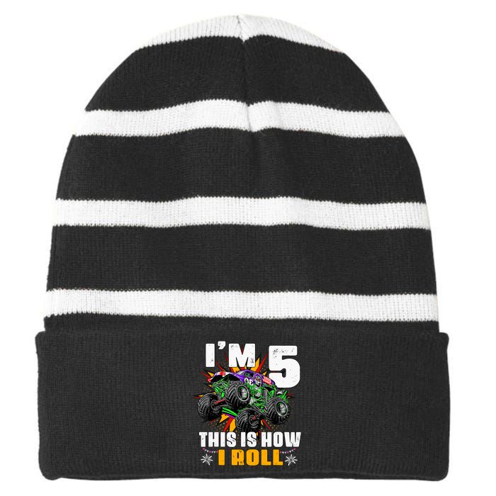 Monster Trucks 5th Birthday Party Five Years Striped Beanie with Solid Band