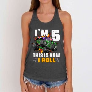 Monster Trucks 5th Birthday Party Five Years Women's Knotted Racerback Tank